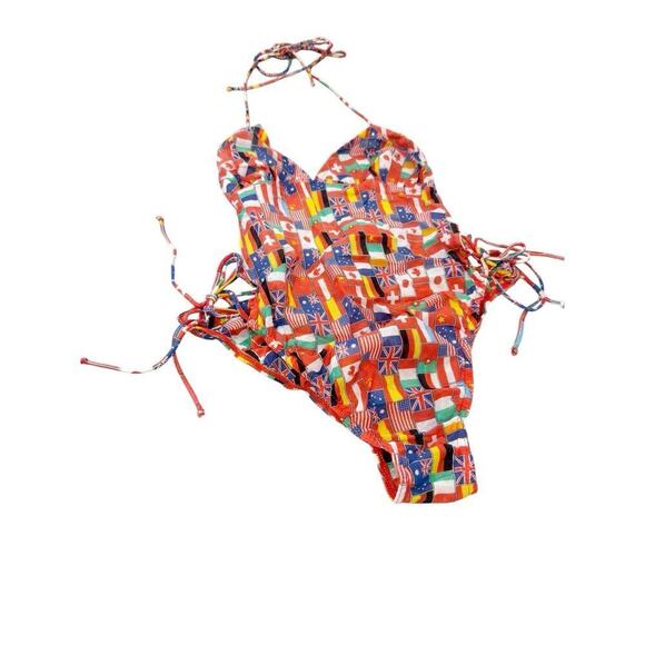 Vintage Fabric Flag Tan Through One Piece Swimsuit 70’s/80’s Open Back Women XS? - Picture 2 of 10